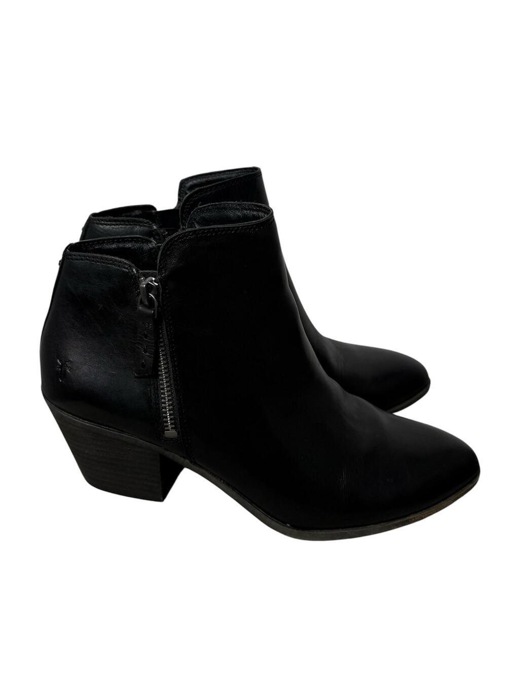 Frye Judith Sz 8.5 Black Leather Zip Side Ankle Boots Heeled Boho Western